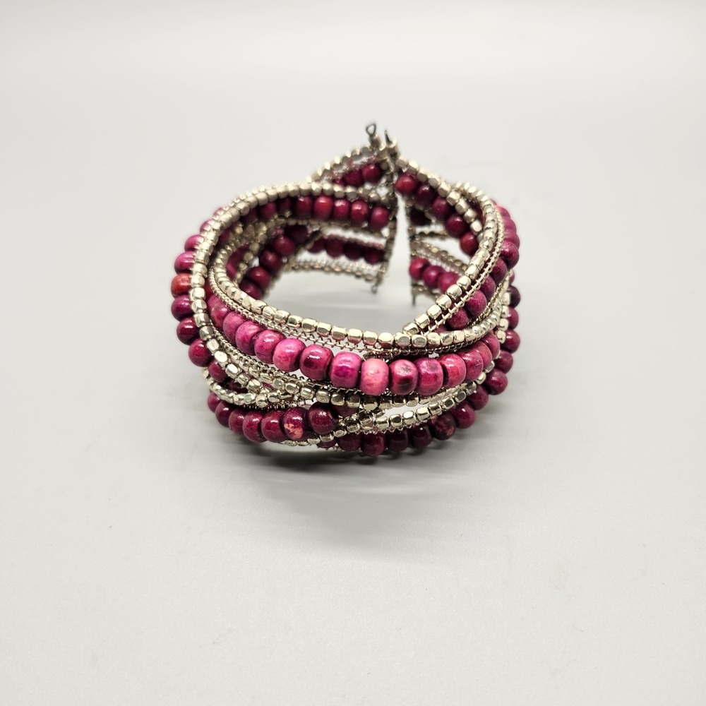 Silver Tone Purple Glass Braided Wide Open Cuff Bracelet